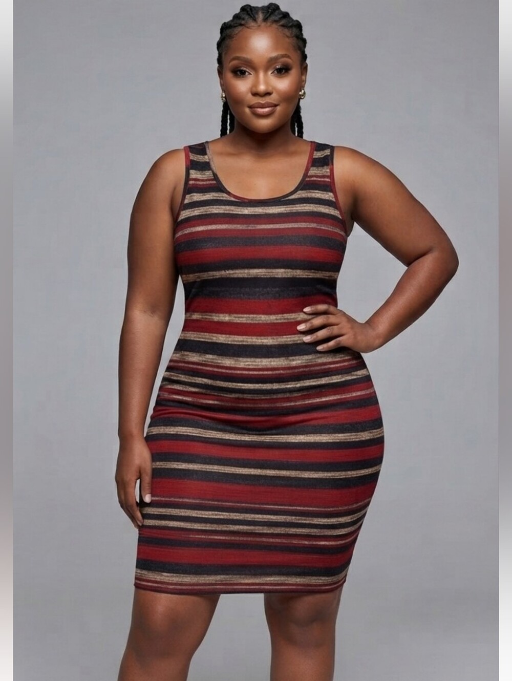 Sleeveless Striped Bodycon Dress in Brick Red